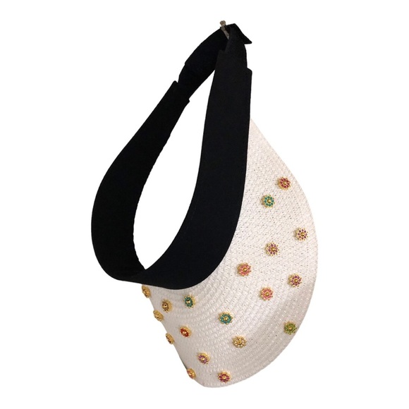 White black bejeweled faux precious‎ stones raffia straw sun visor hat new main image 4